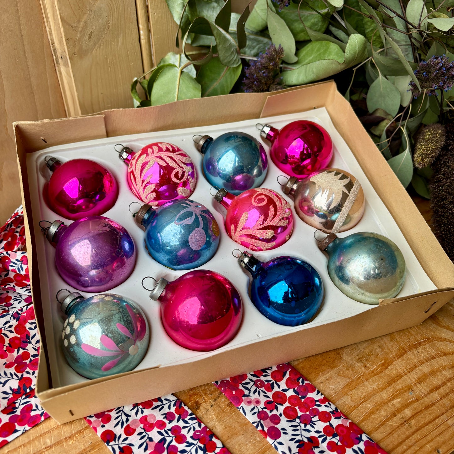 Twelve pastel vintage baubles