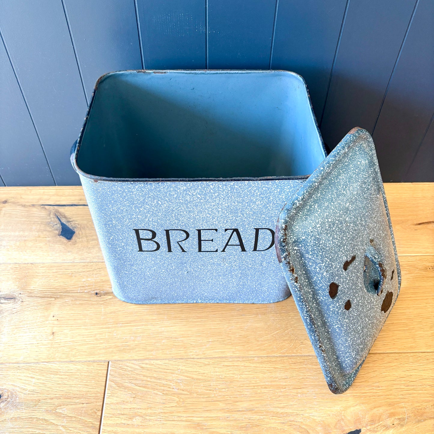 Vintage Blue/Grey Stippled Enamel Bread Bin