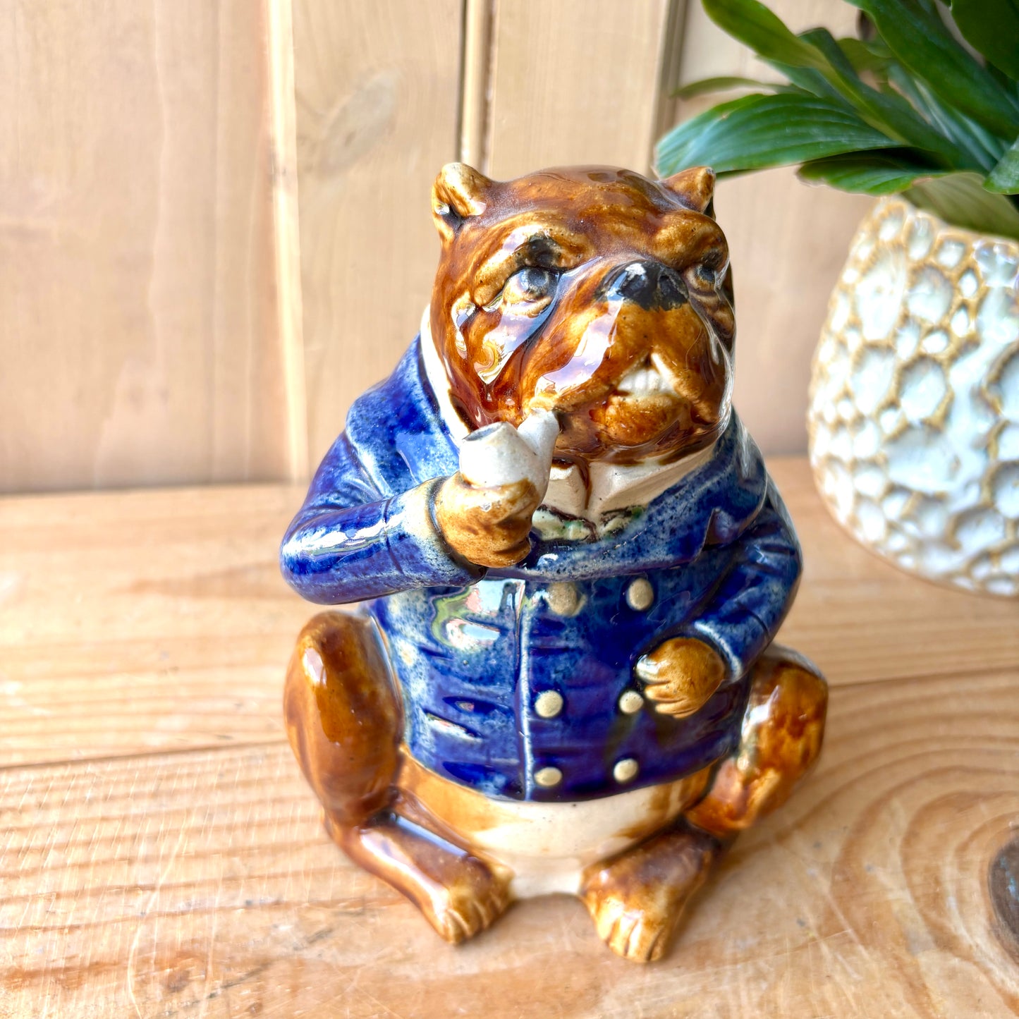 Antique French Majolica Bulldog Tobacco Jar