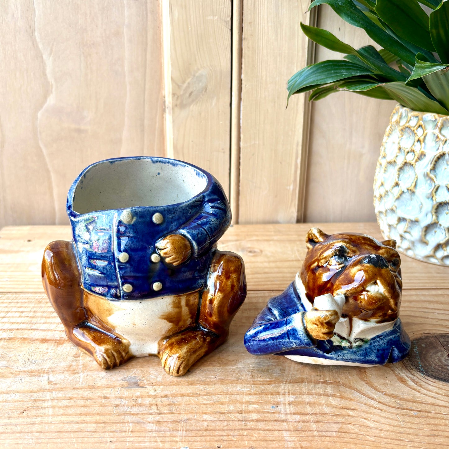 Antique French Majolica Bulldog Tobacco Jar