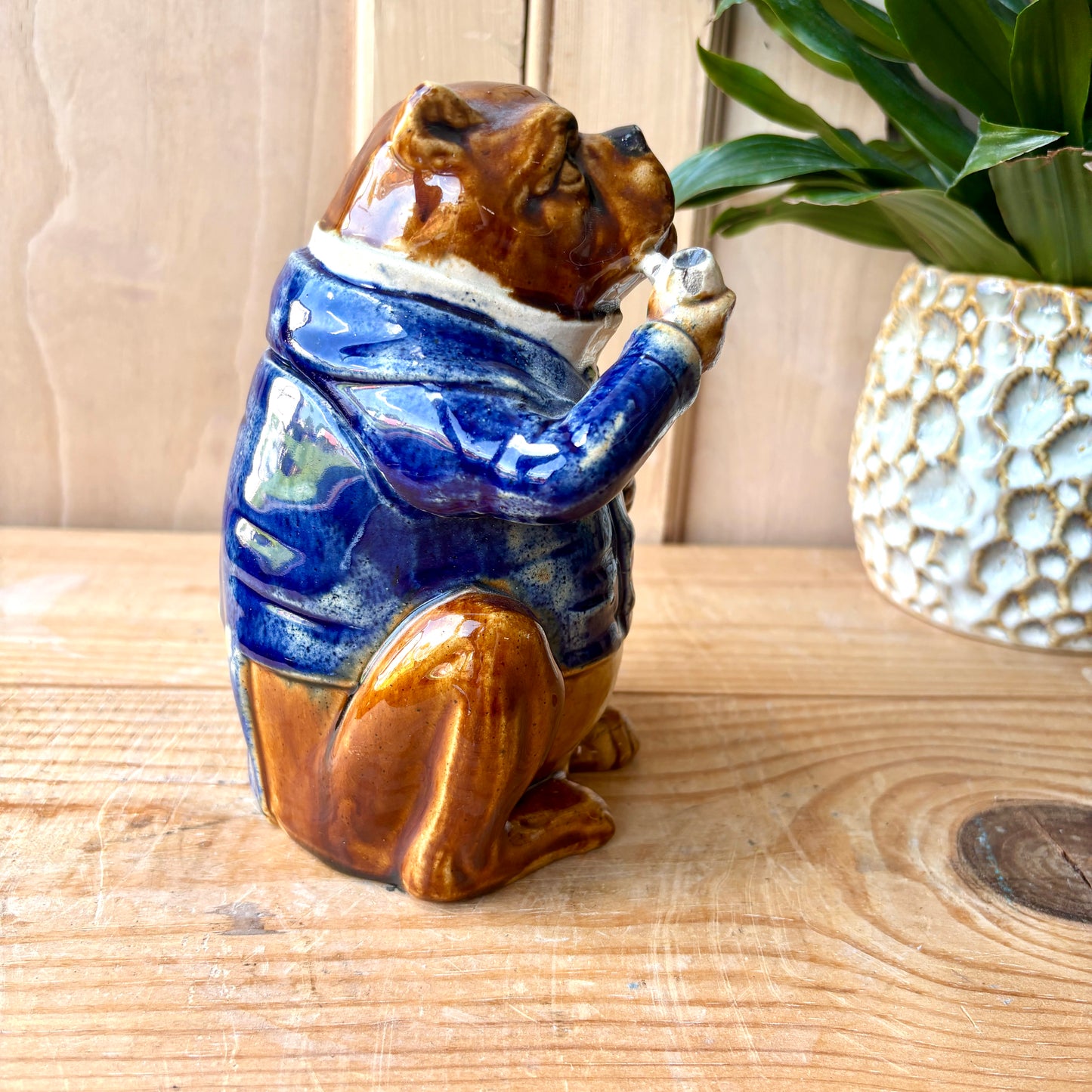 Antique French Majolica Bulldog Tobacco Jar