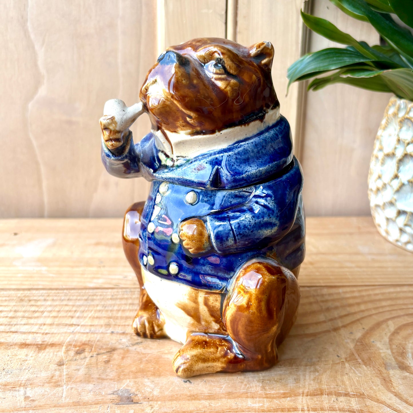 Antique French Majolica Bulldog Tobacco Jar