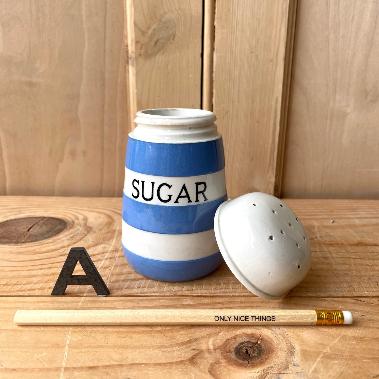 Vintage TG Green Blue and White Salt Shaker, Sugar Shaker
