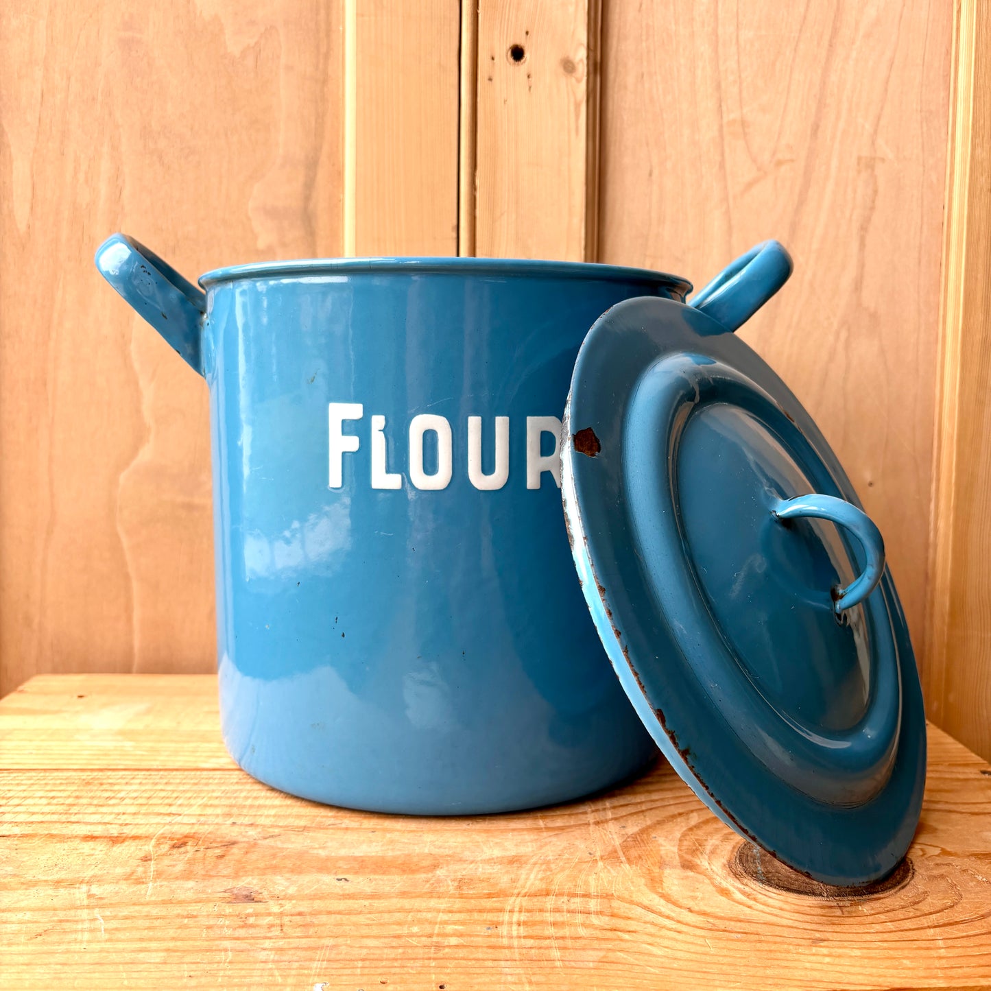 Vintage Blue Enamel Flour Bin