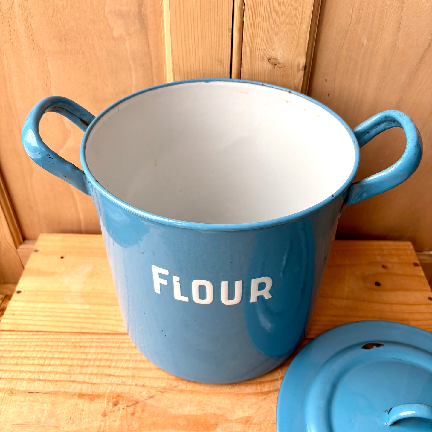 Vintage Blue Enamel Flour Bin
