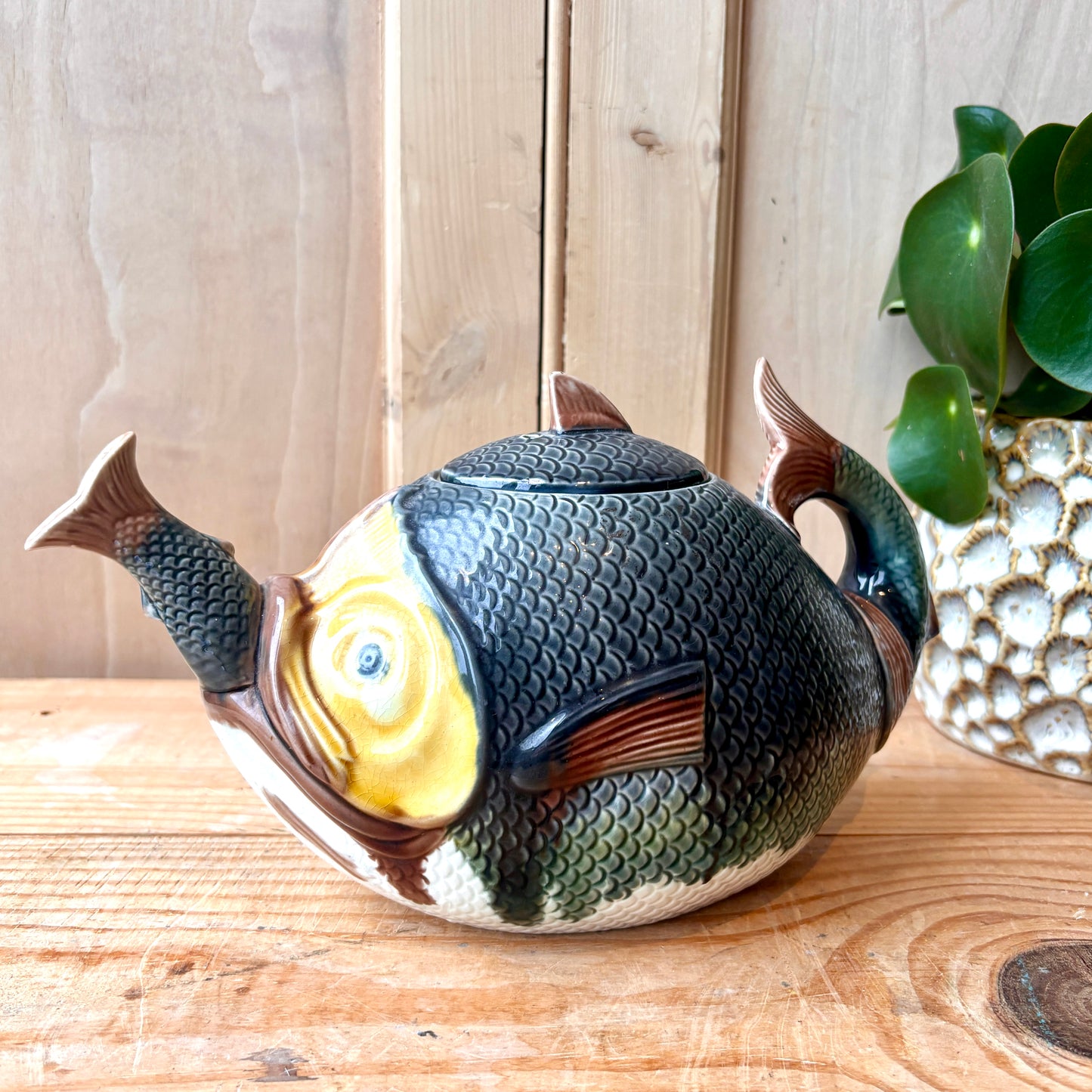 Antique Majolica Fish Swallowing Fish Teapot