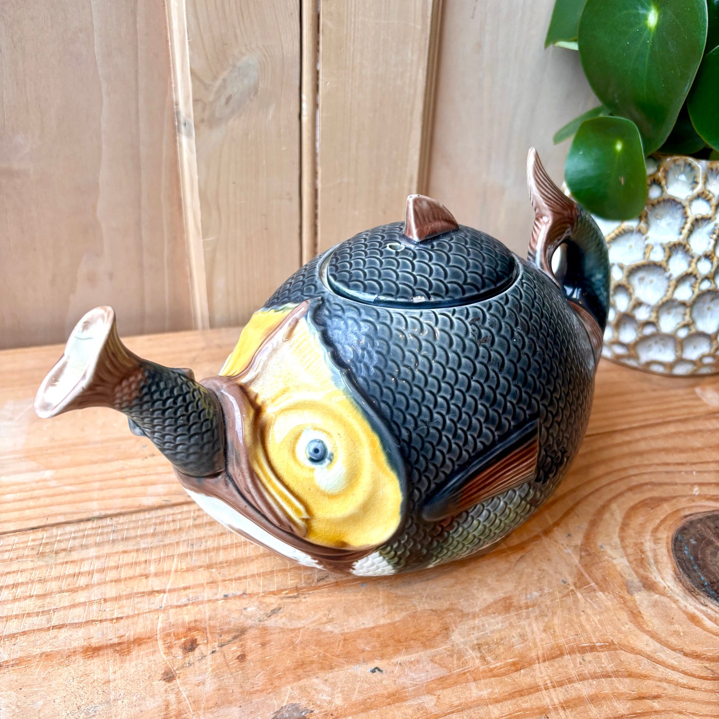 Antique Majolica Fish Swallowing Fish Teapot