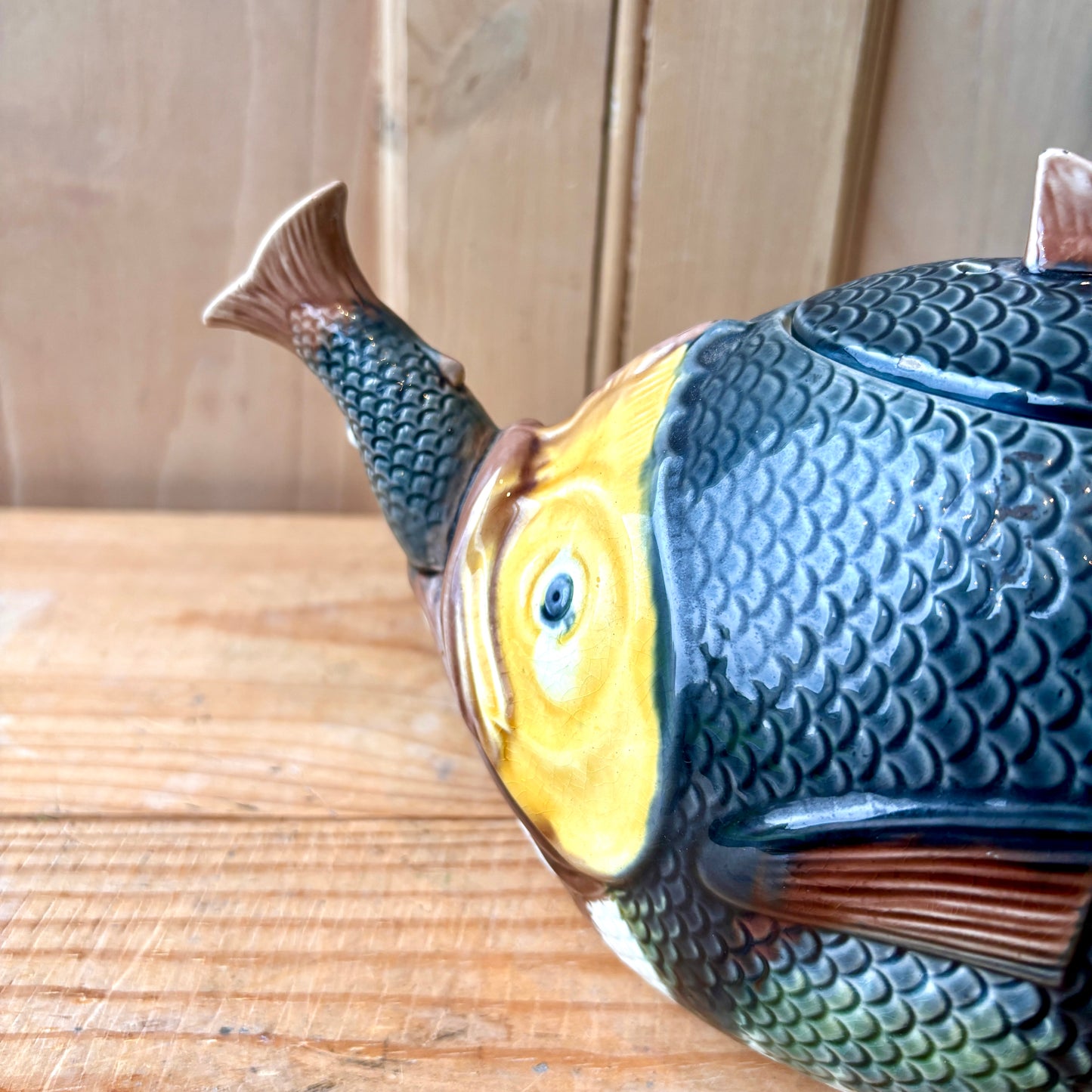 Antique Majolica Fish Swallowing Fish Teapot