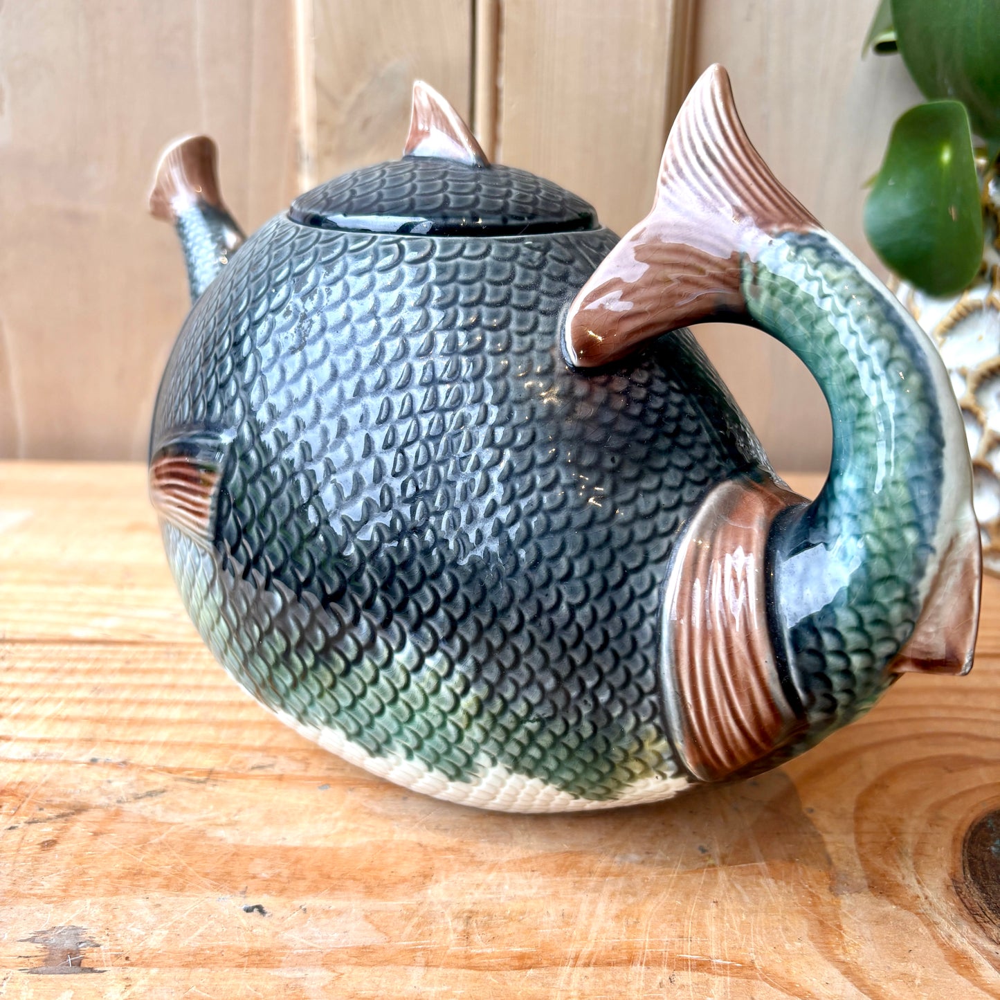Antique Majolica Fish Swallowing Fish Teapot