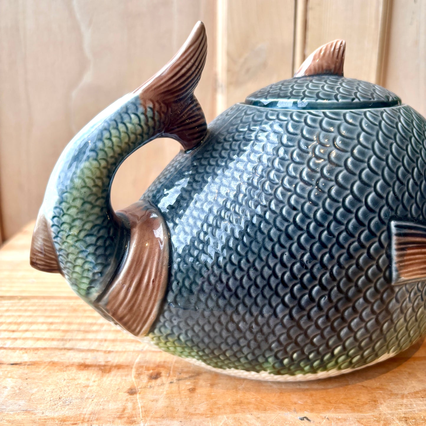 Antique Majolica Fish Swallowing Fish Teapot