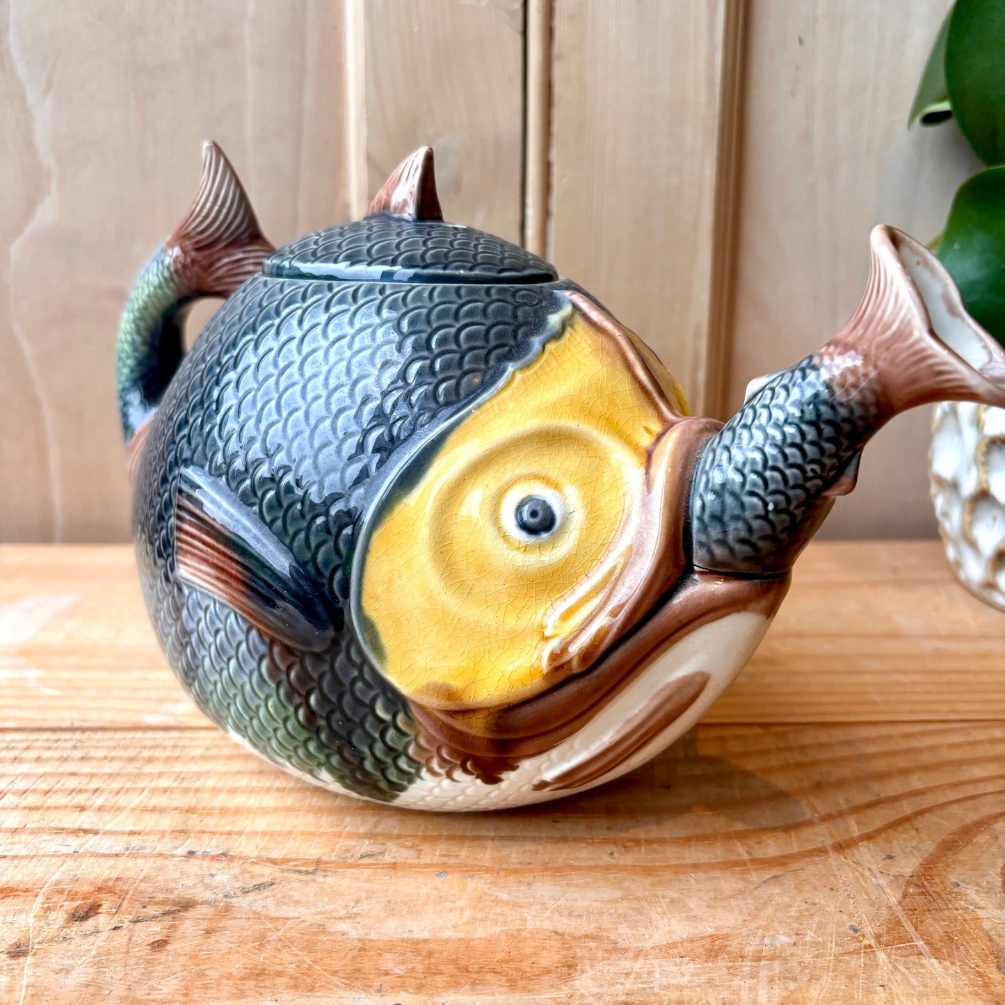 Antique Majolica Fish Swallowing Fish Teapot