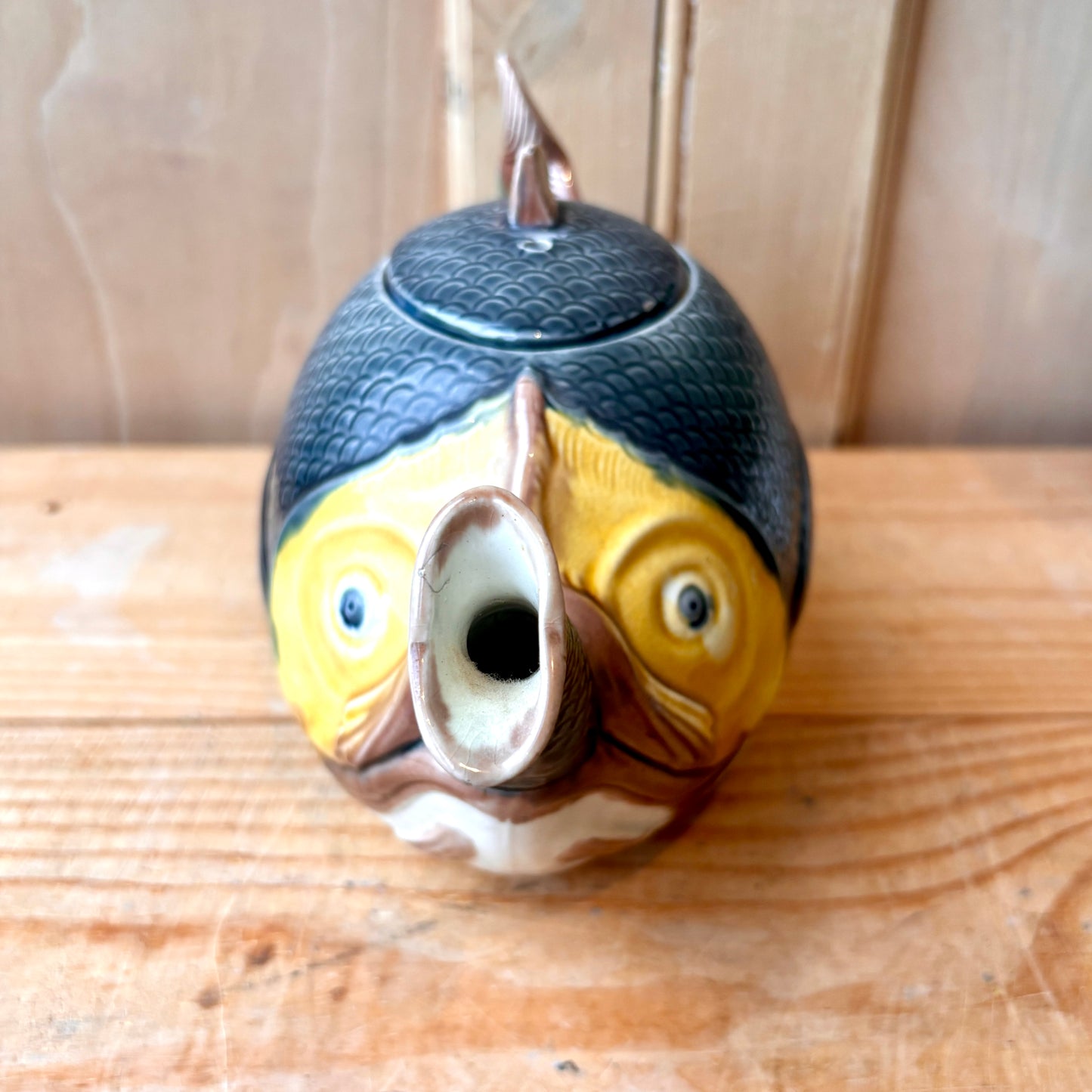 Antique Majolica Fish Swallowing Fish Teapot