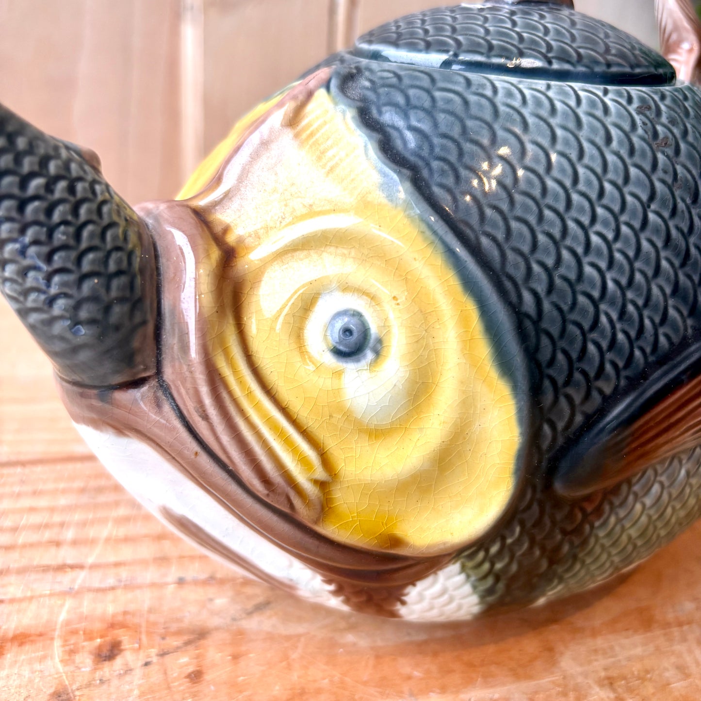 Antique Majolica Fish Swallowing Fish Teapot