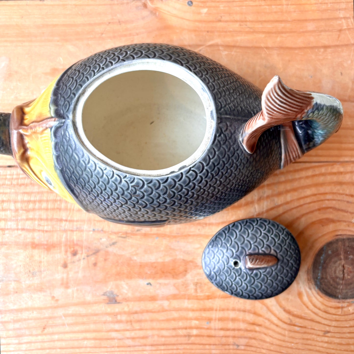 Antique Majolica Fish Swallowing Fish Teapot