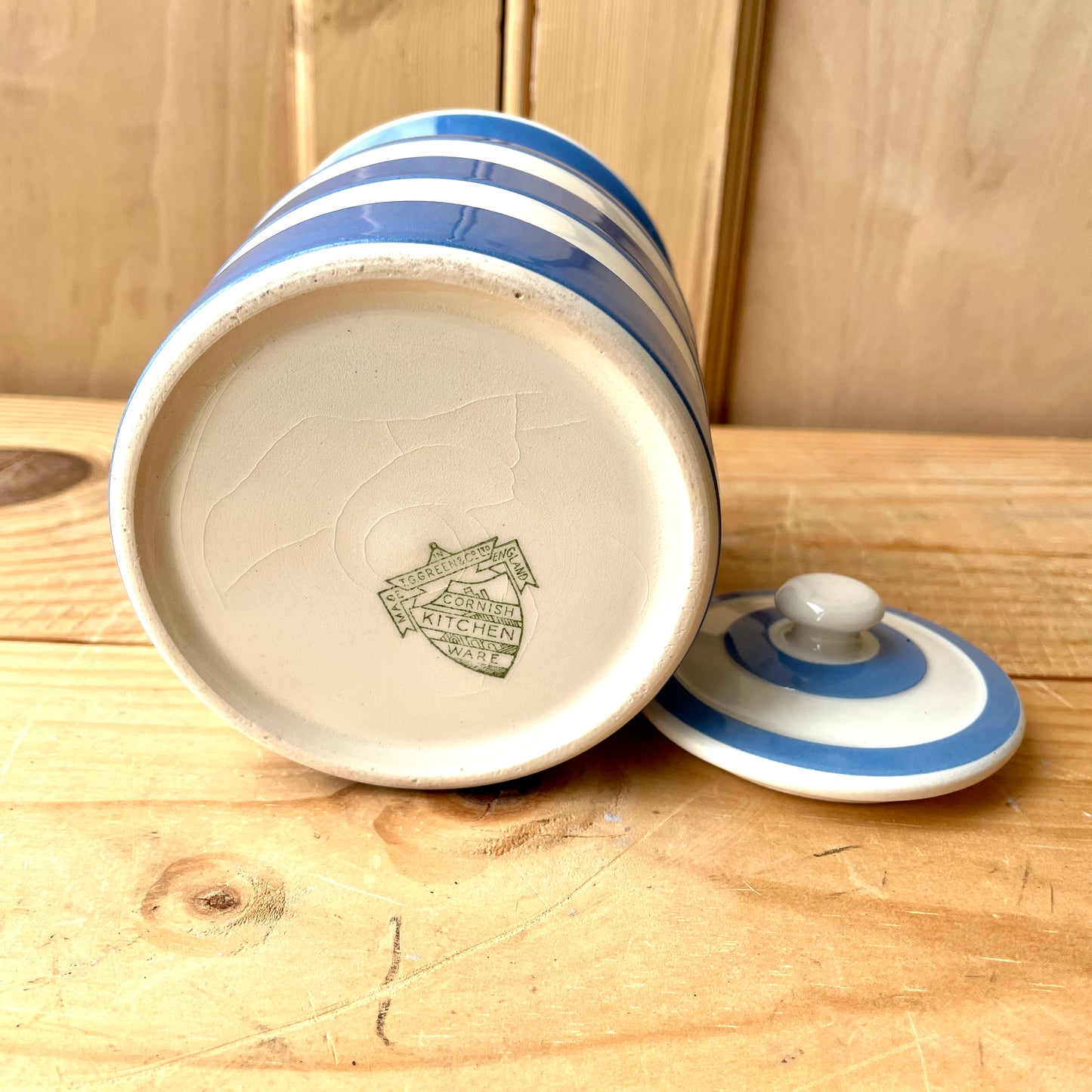 Vintage TG Green Blue and White 1930s Canister