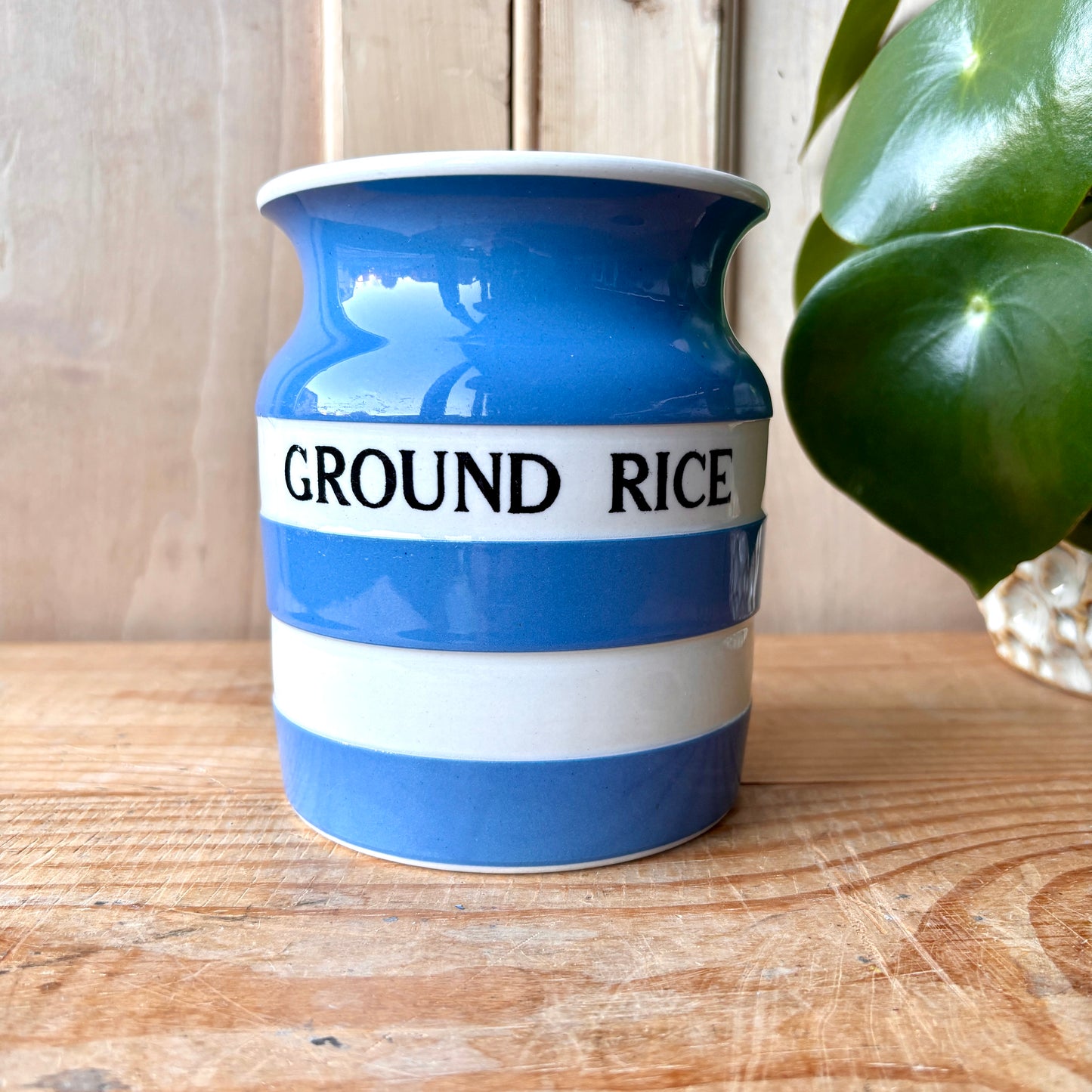 Vintage TG Green Blue and White Ground Rice Canister