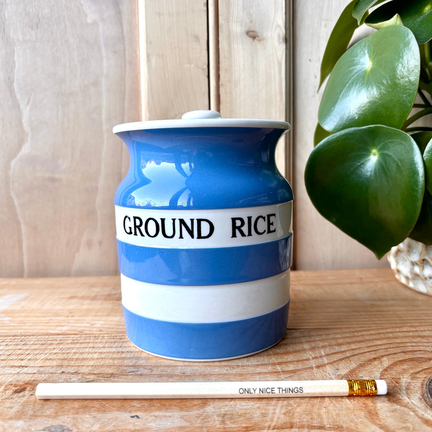 Vintage TG Green Blue and White Ground Rice Canister