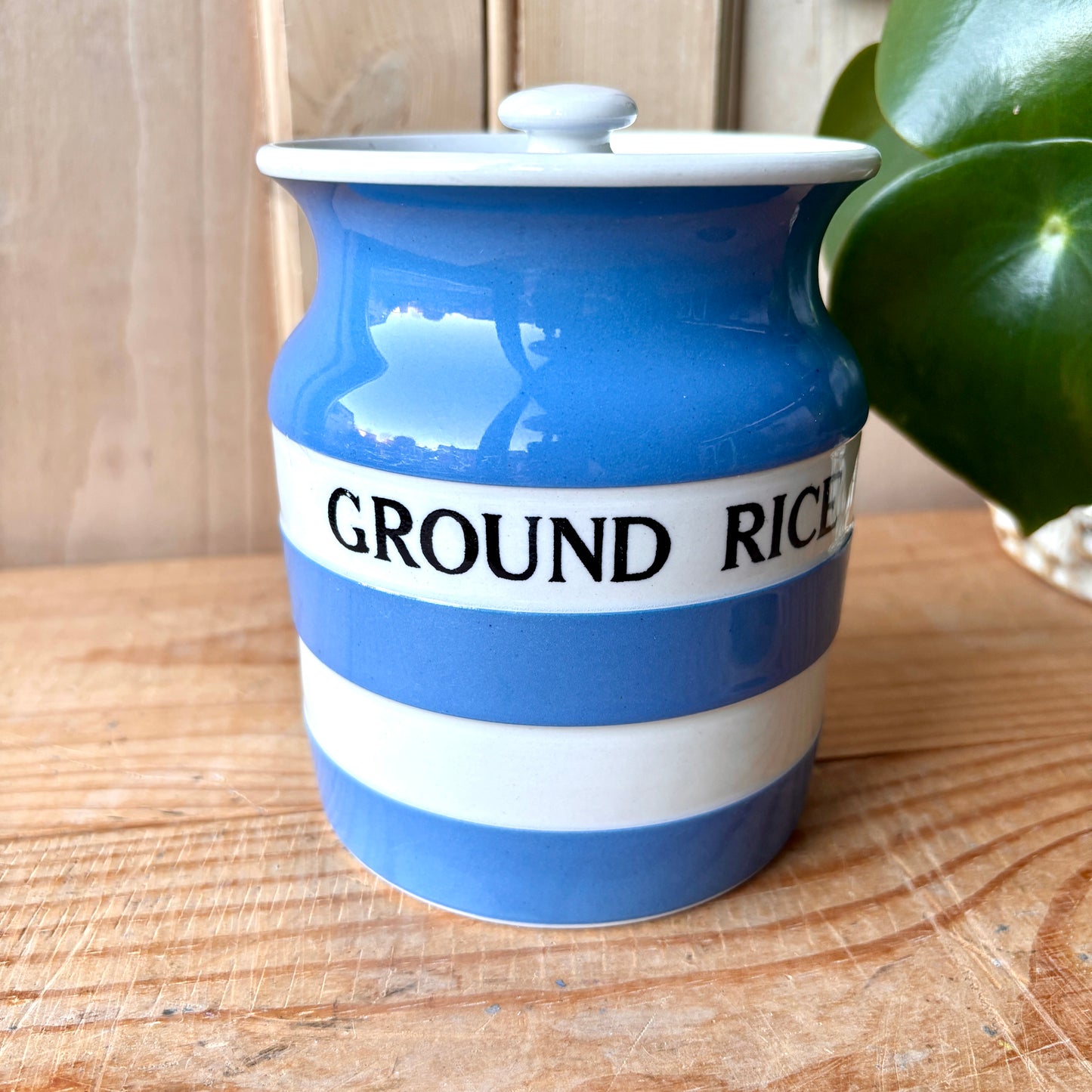 Vintage TG Green Blue and White Ground Rice Canister