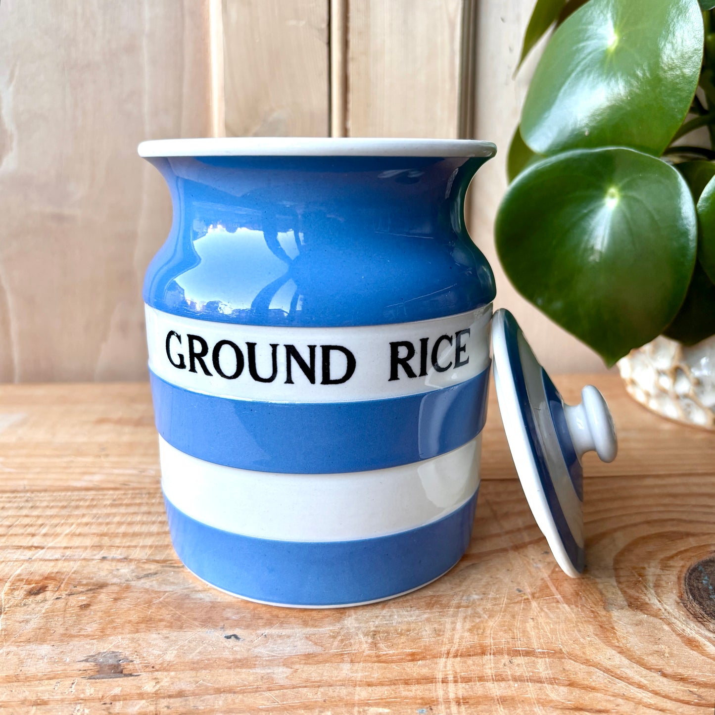 Vintage TG Green Blue and White Ground Rice Canister