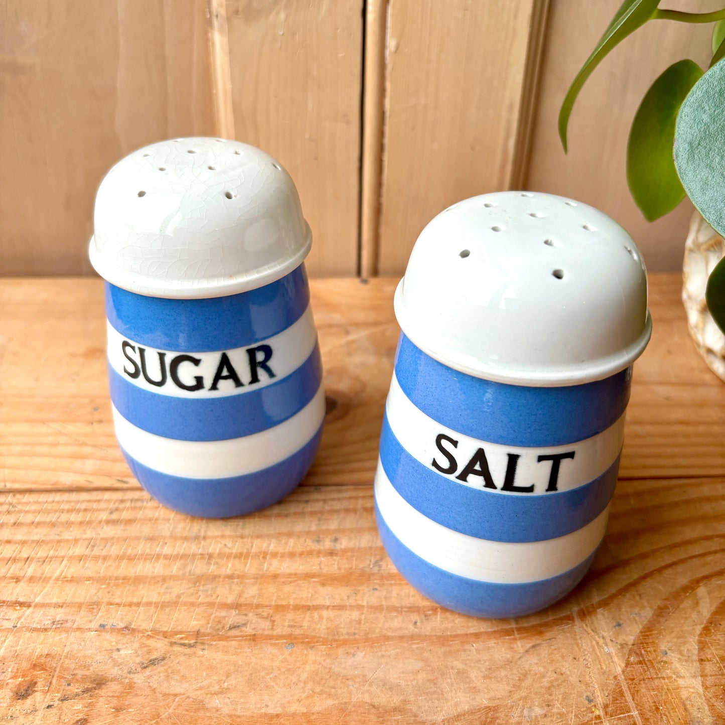 Vintage TG Green Blue and White Salt Shaker, Sugar Shaker