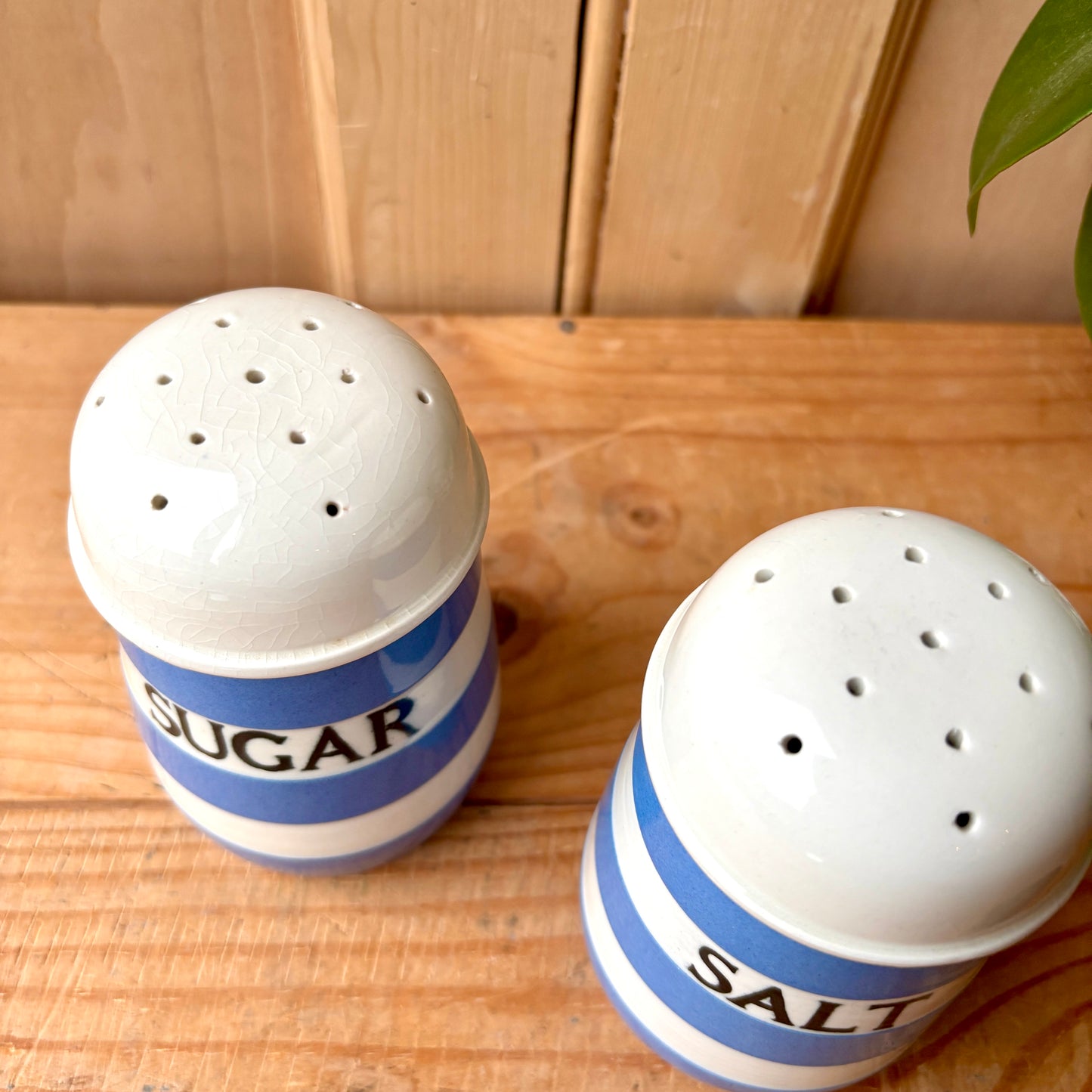 Vintage TG Green Blue and White Salt Shaker, Sugar Shaker