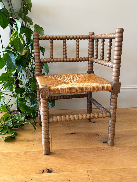 Antique French Bobbin Corner Chair Woven Rush Seats