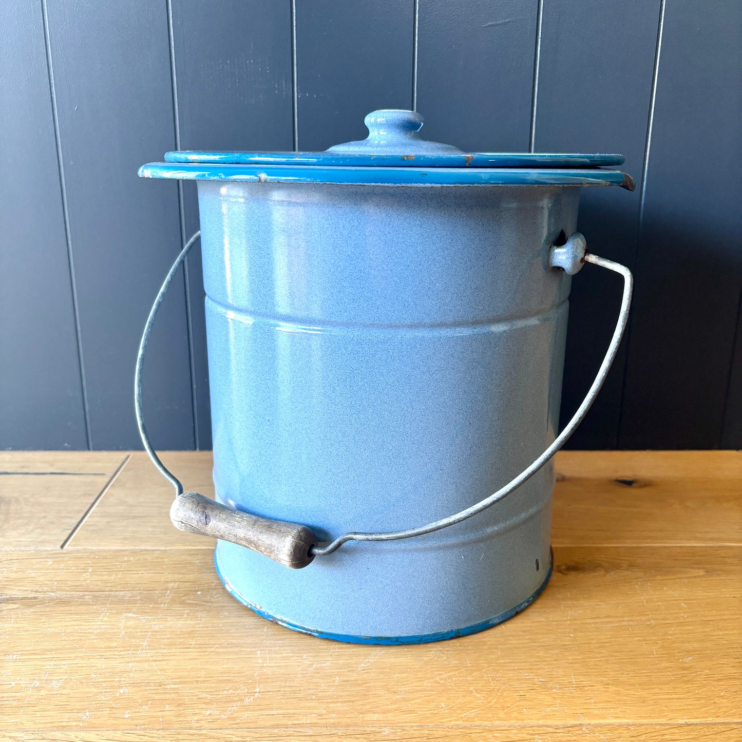 Vintage French Enamel lidded bucket