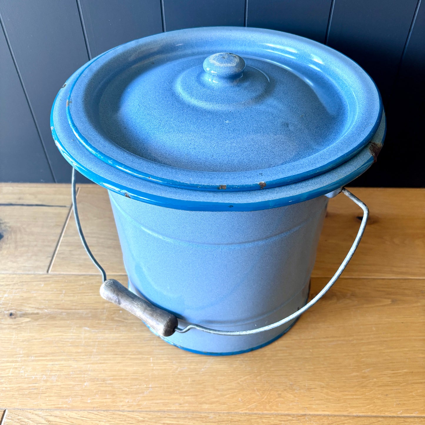 Vintage French Enamel lidded bucket