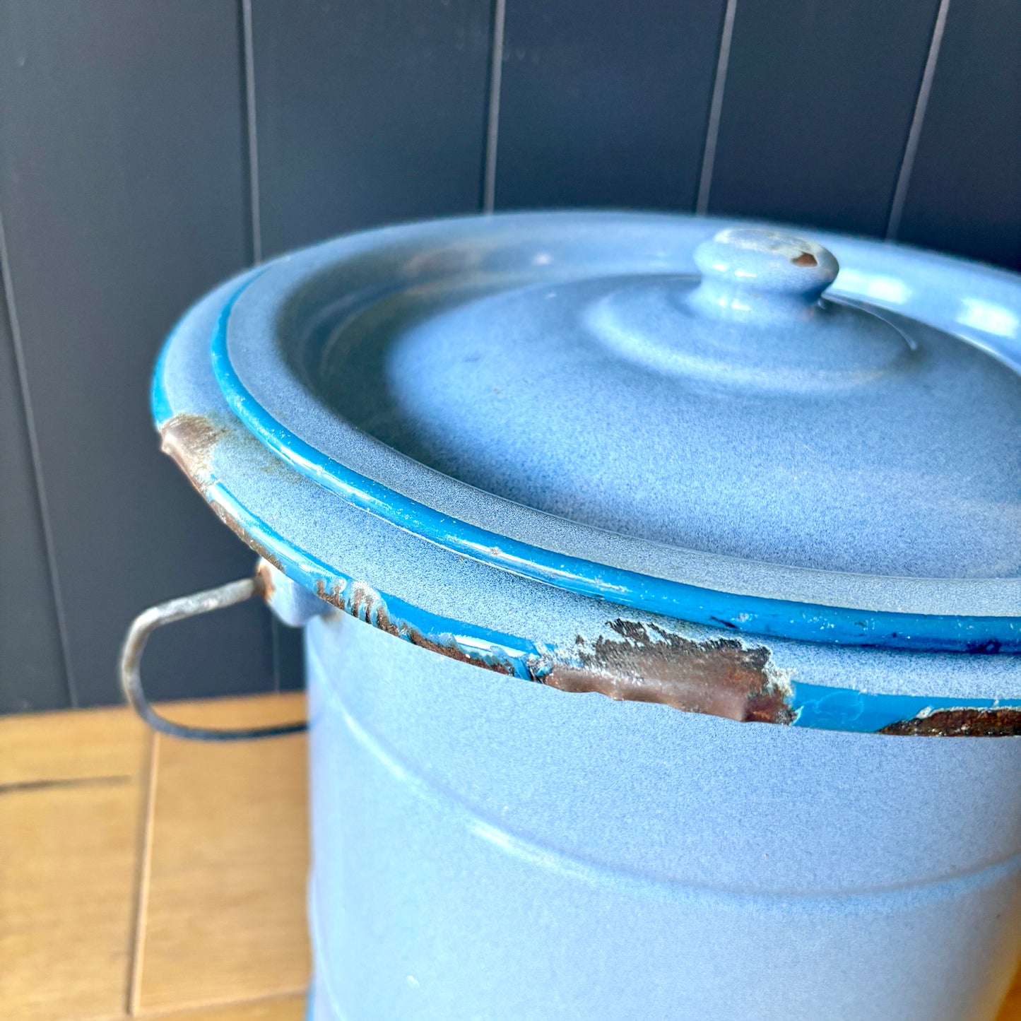 Vintage French Enamel lidded bucket