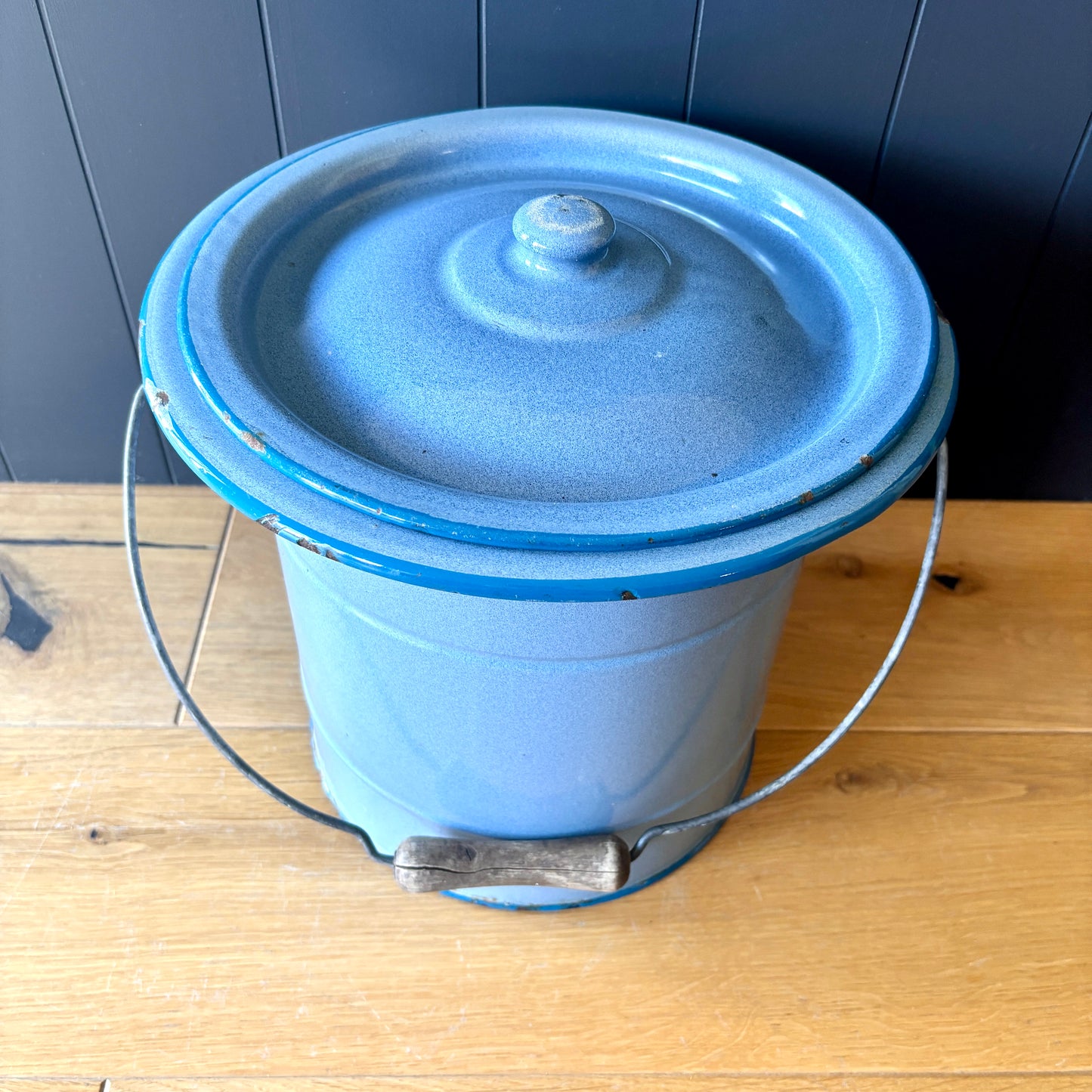 Vintage French Enamel lidded bucket