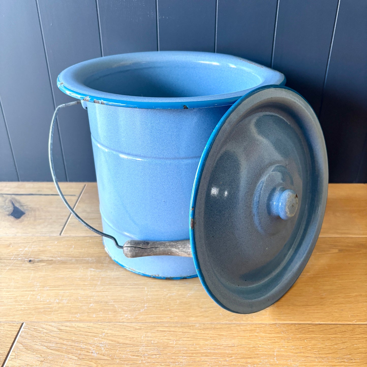 Vintage French Enamel lidded bucket
