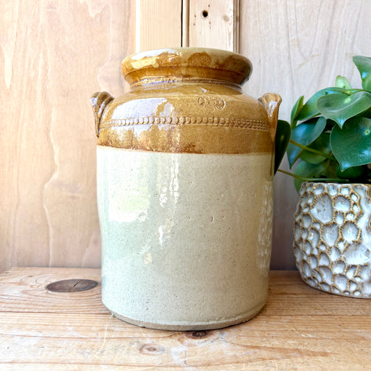 Vintage Stoneware Jar with handles and original lid.