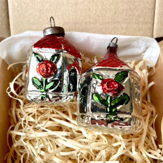 Two vintage hexagonal cottage shaped baubles