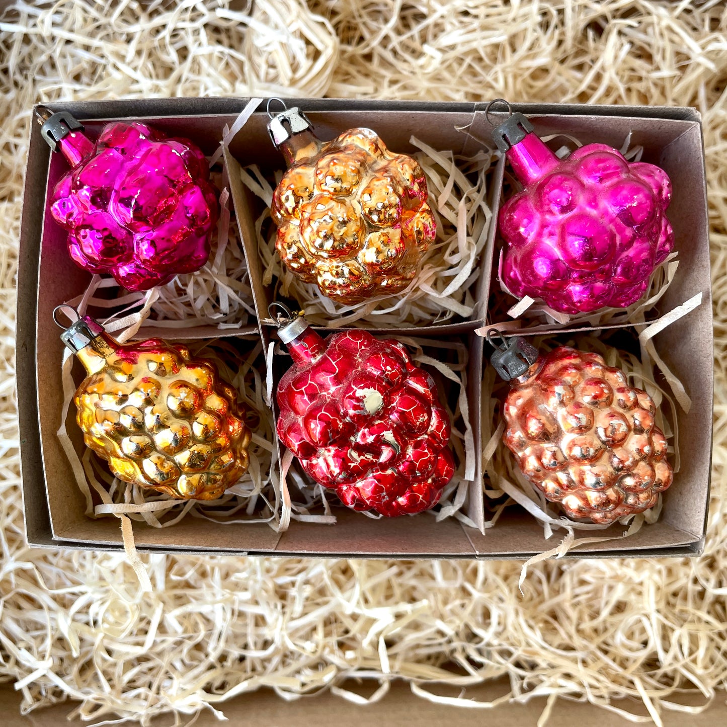 Six vintage berry shaped glass baubles