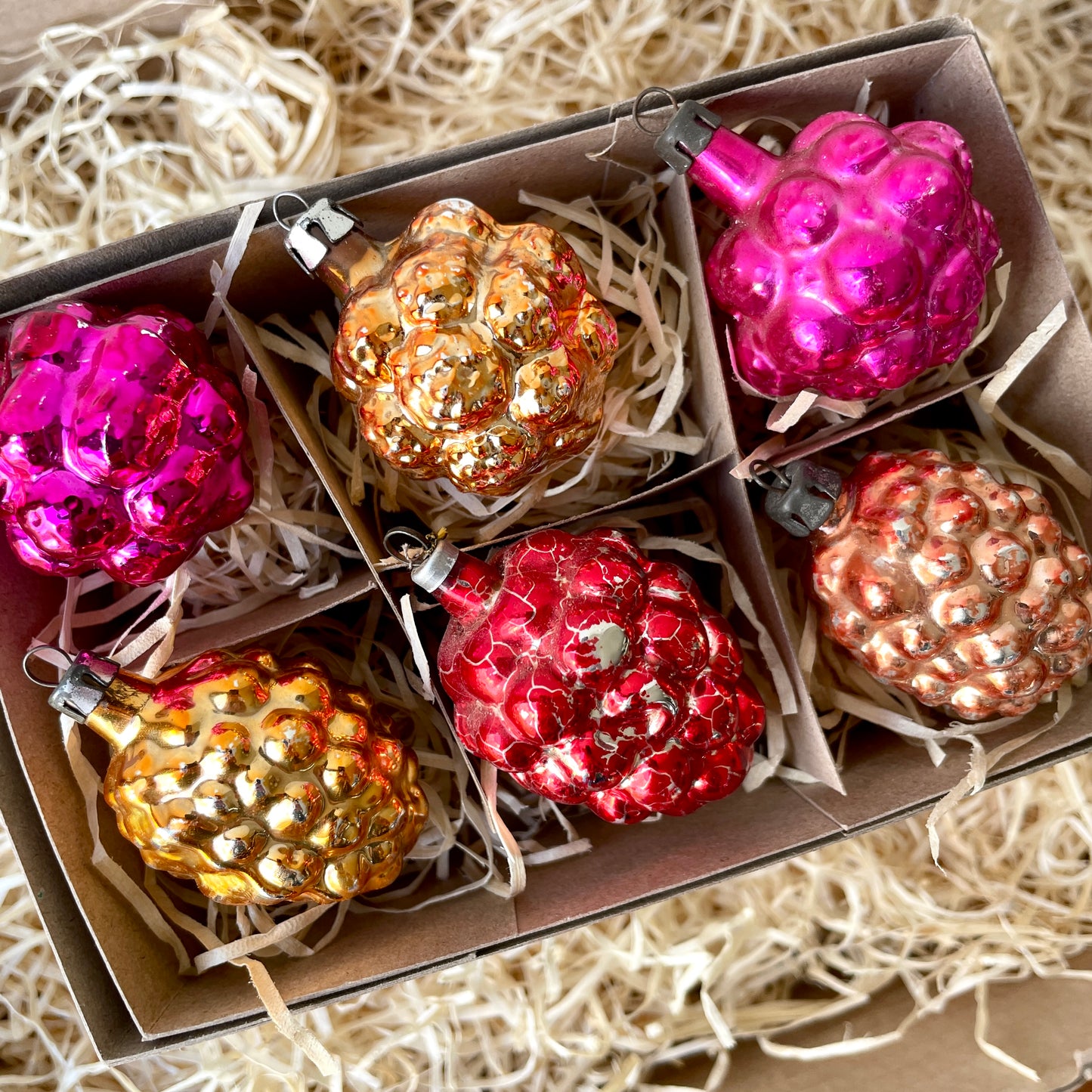 Six vintage berry shaped glass baubles
