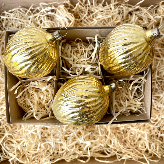 Three vintage large nut shaped glass baubles