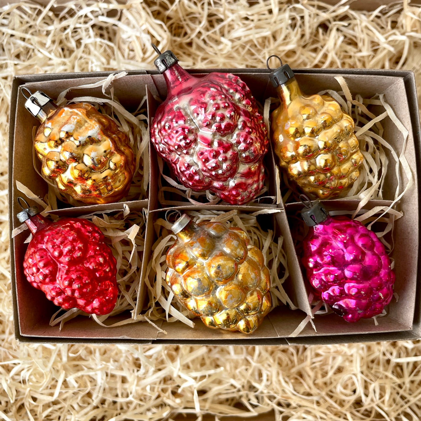 Six vintage berry shaped glass baubles