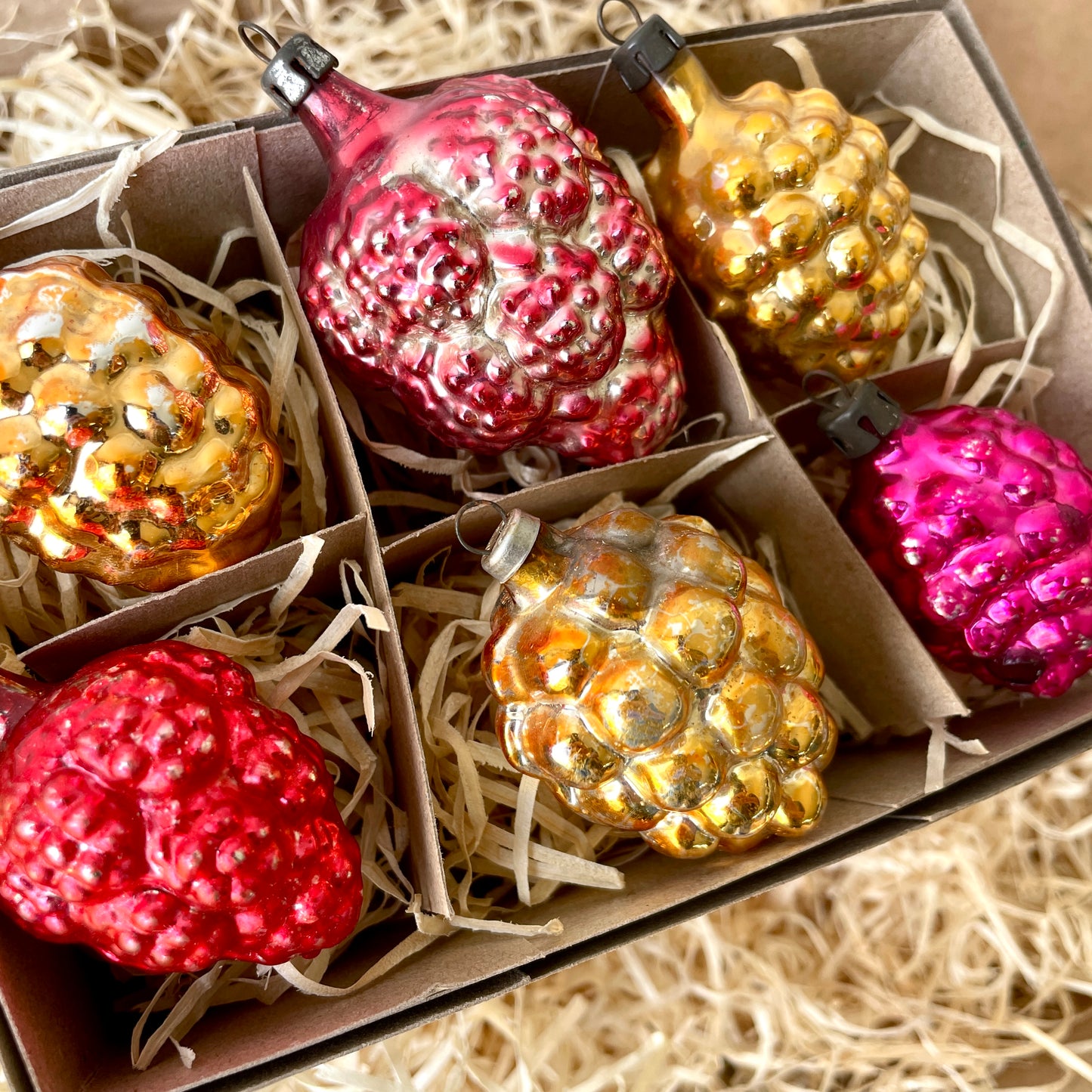 Six vintage berry shaped glass baubles