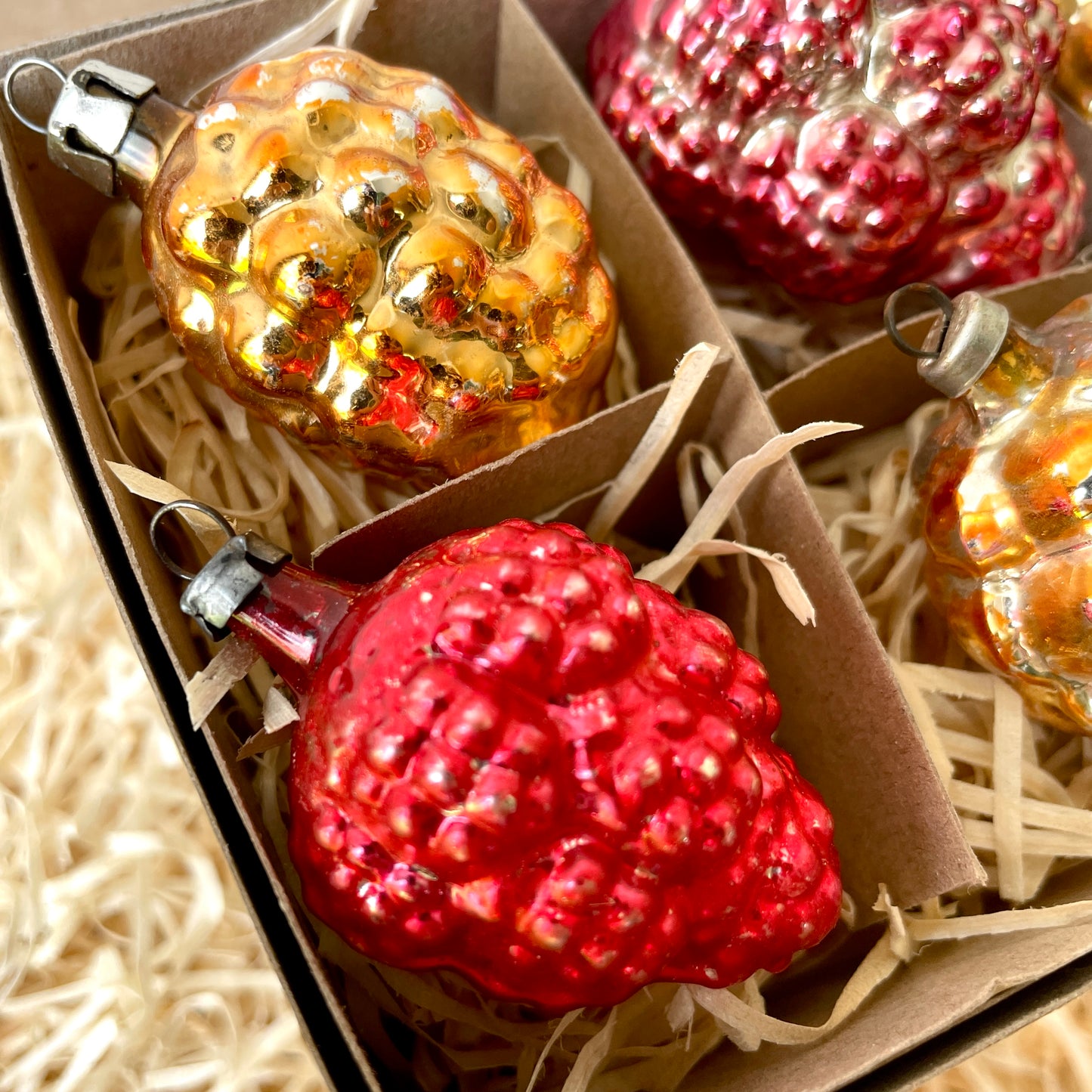 Six vintage berry shaped glass baubles