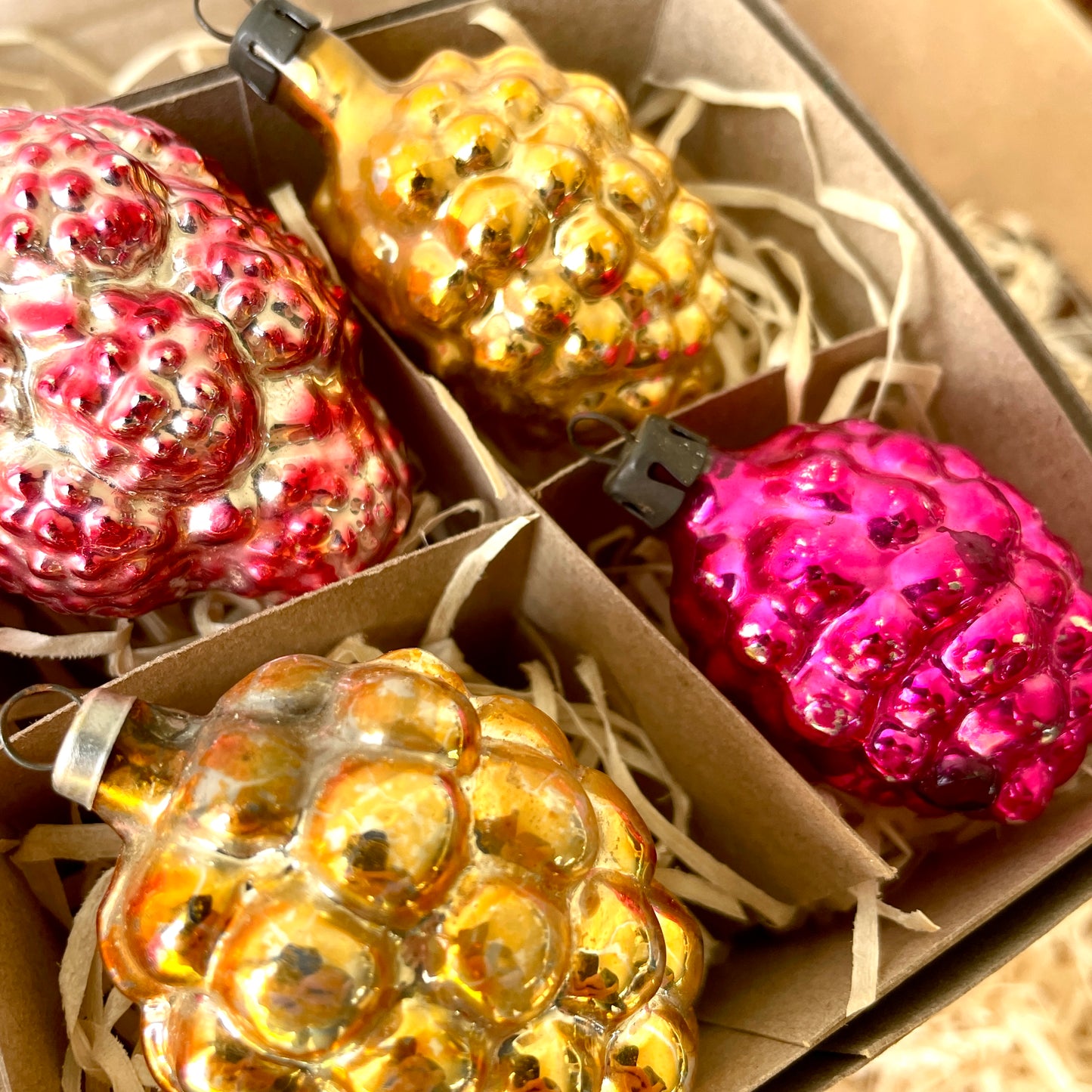 Six vintage berry shaped glass baubles
