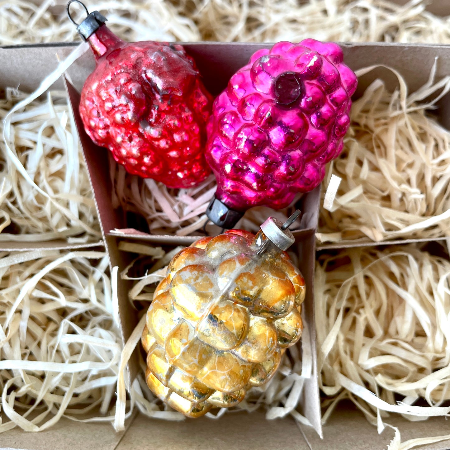 Six vintage berry shaped glass baubles