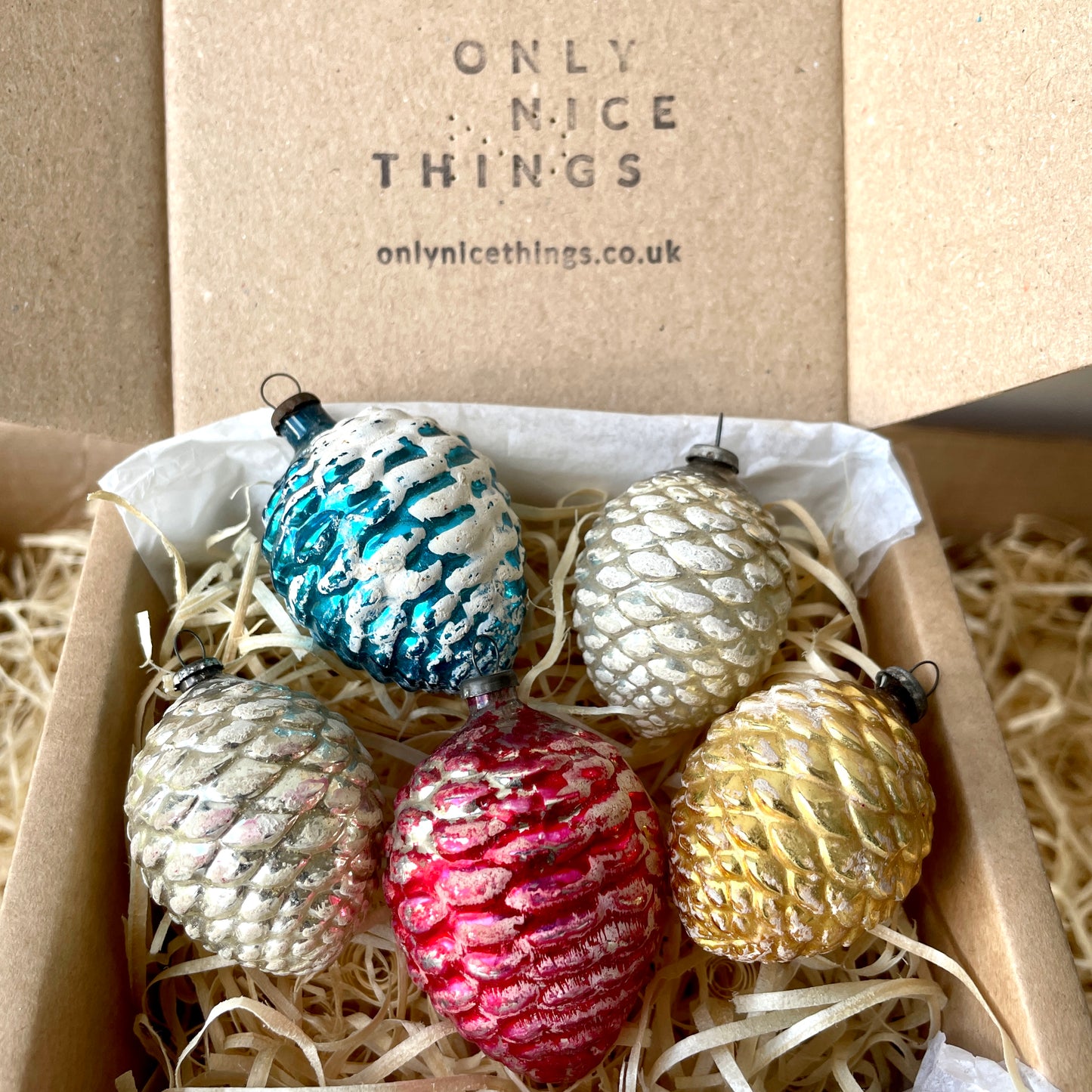 Five vintage pine cone shaped glass baubles