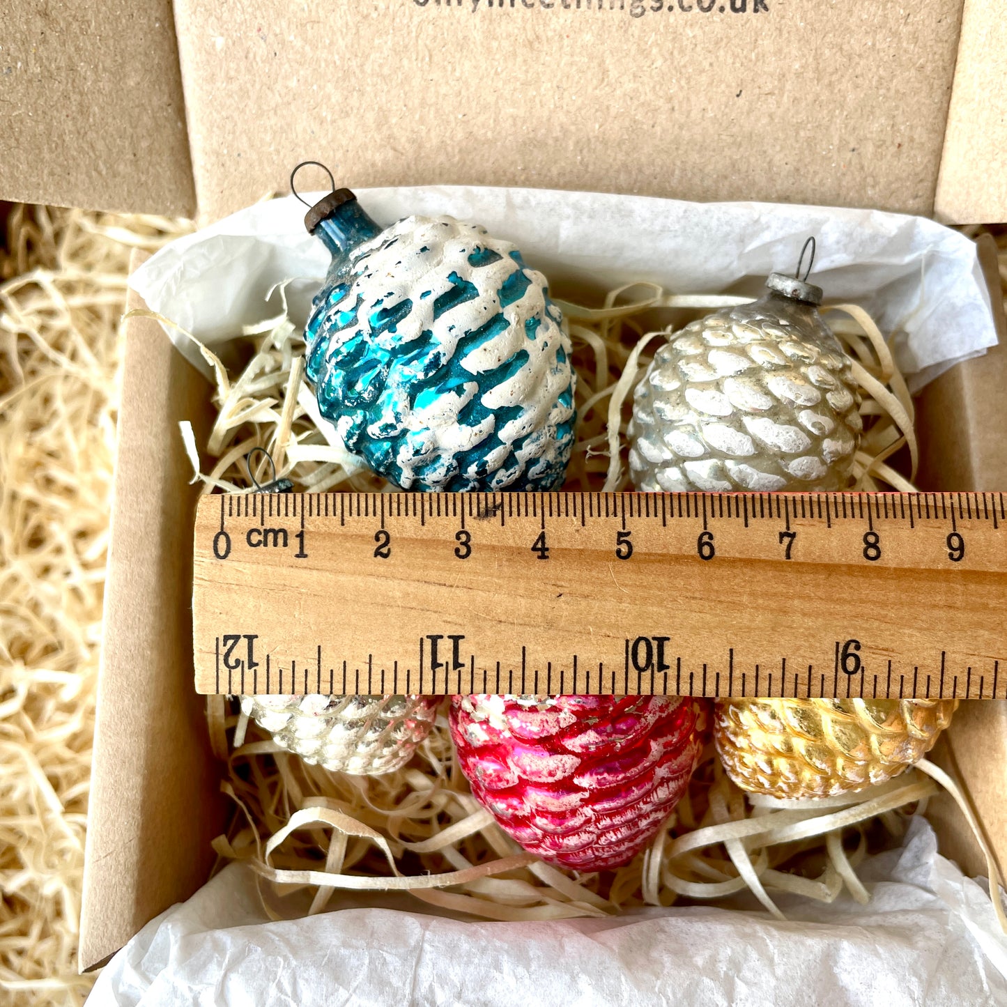 Five vintage pine cone shaped glass baubles