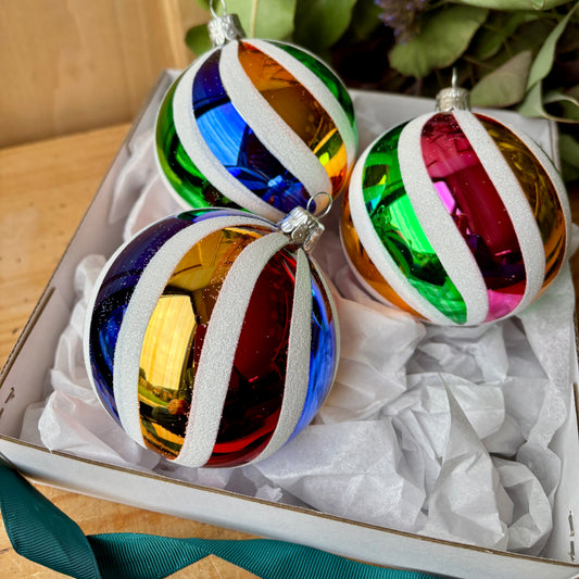 Three candy stripe baubles