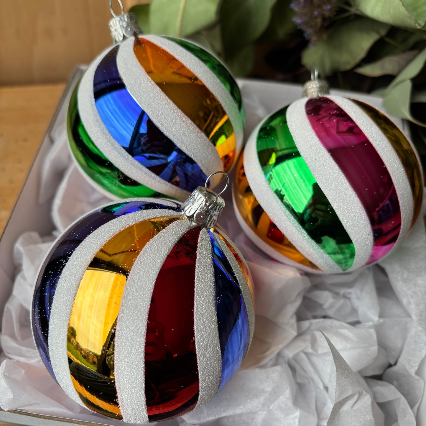 Three candy stripe baubles