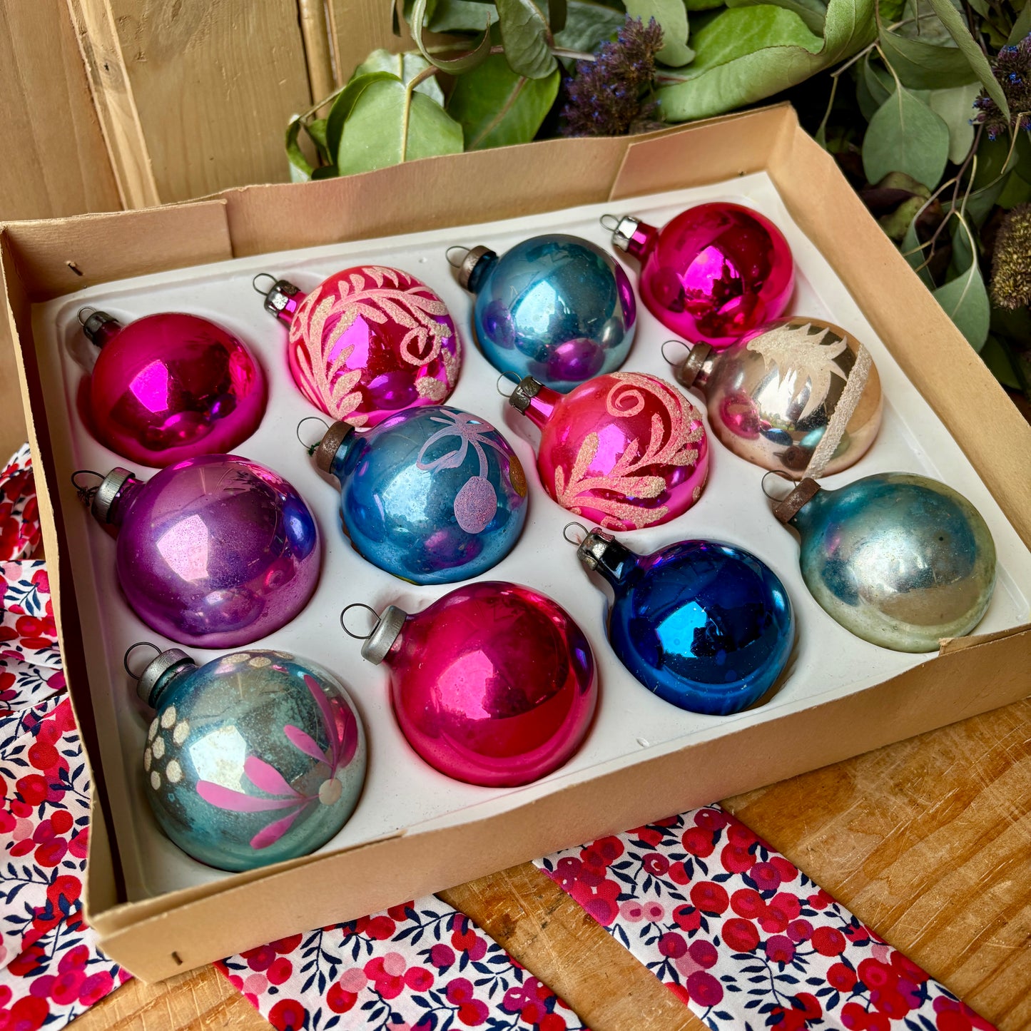 Twelve pastel vintage baubles