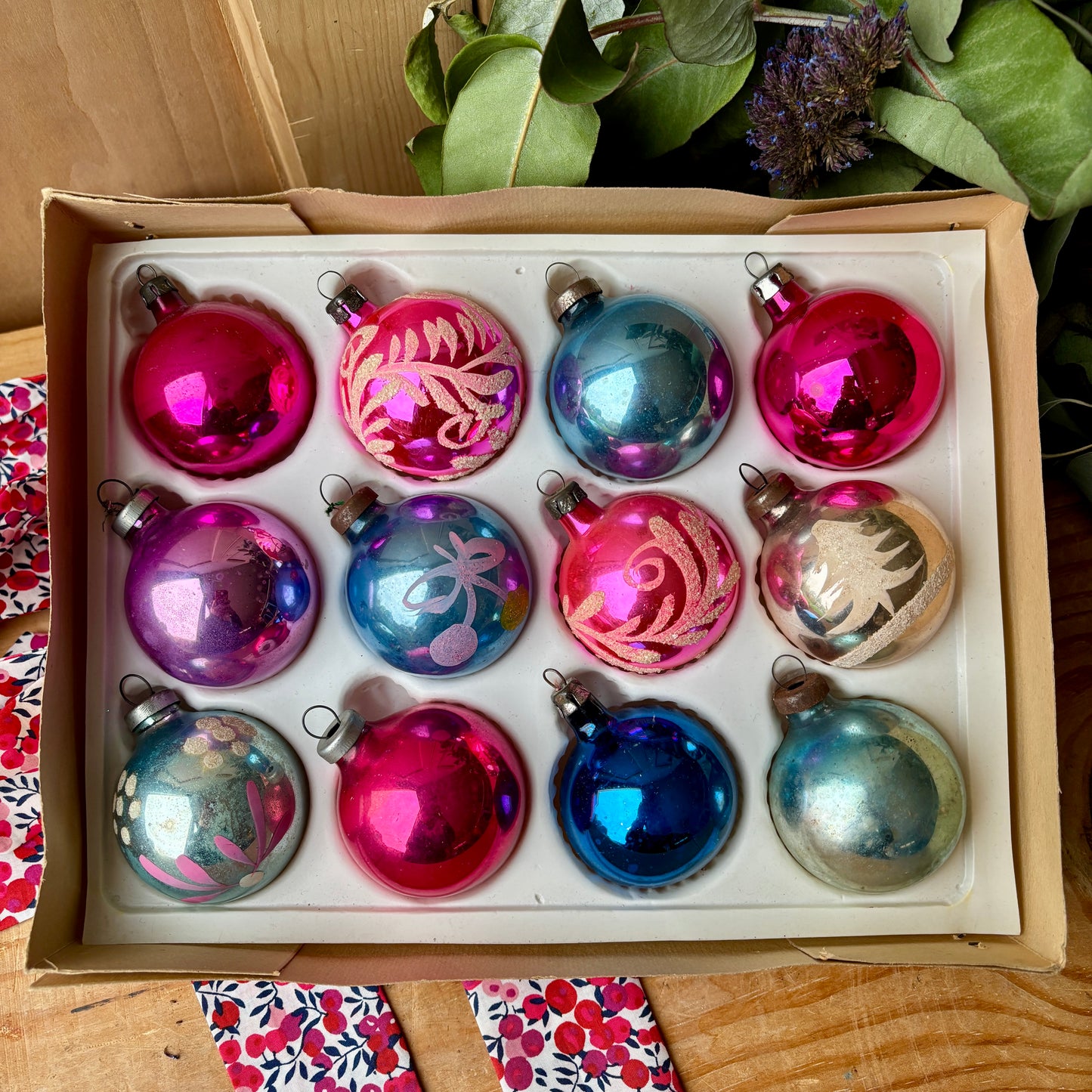 Twelve pastel vintage baubles