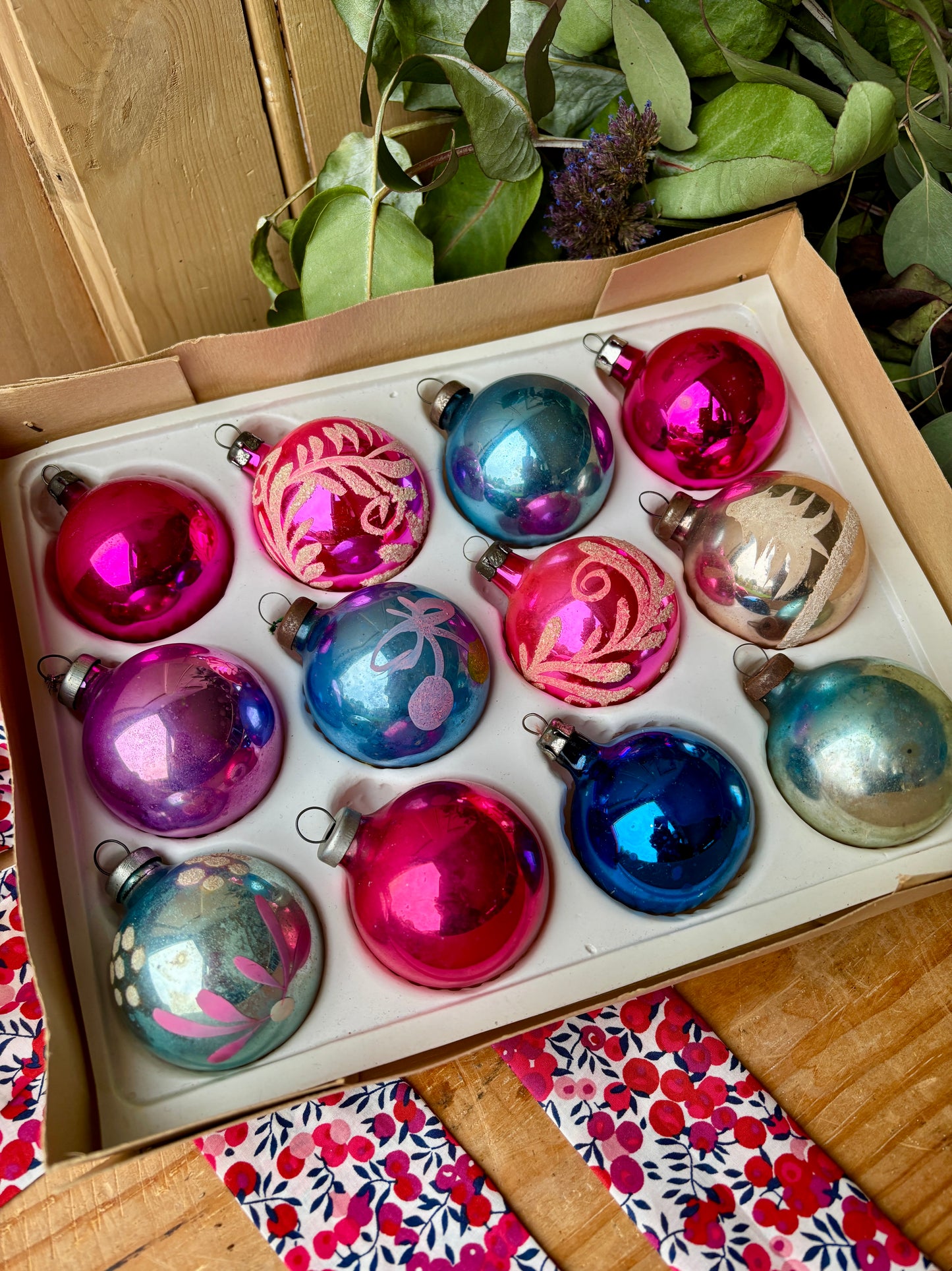 Twelve pastel vintage baubles