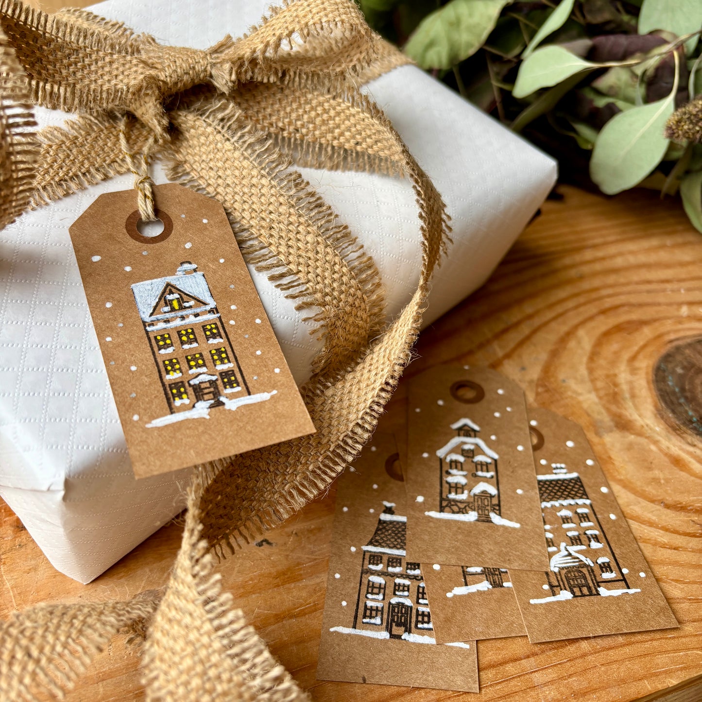 Hand Made Gift Tags pack of 10, Hand Stamped gift tags with string, Scandi House, Snowy Scene