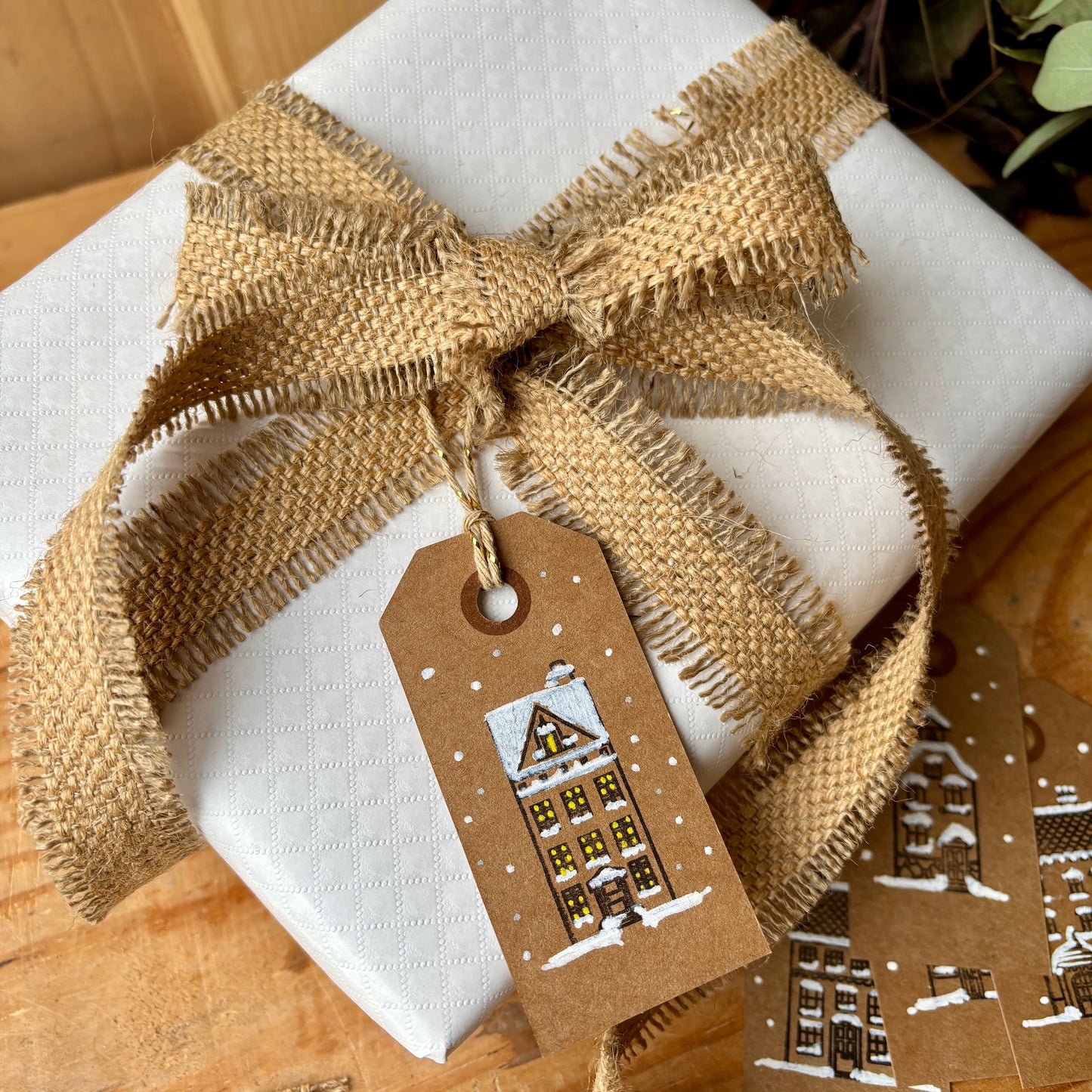 Hand Made Gift Tags pack of 10, Hand Stamped gift tags with string, Scandi House, Snowy Scene